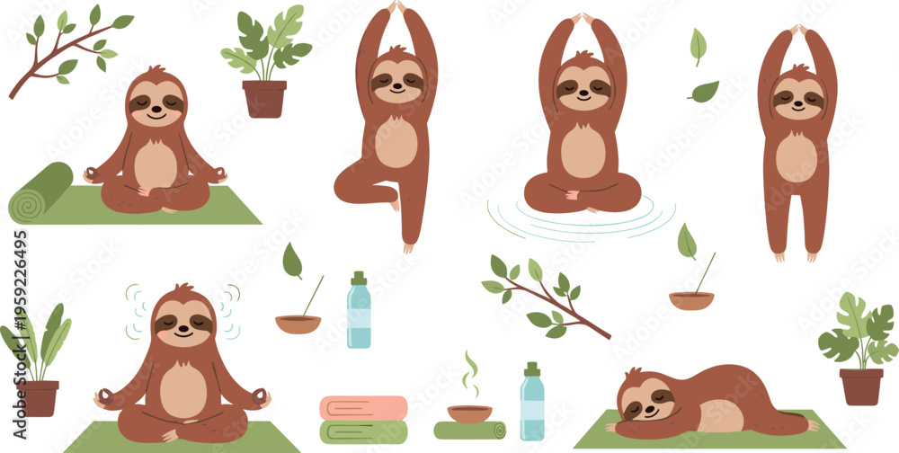 Fototapeta premium Relaxing Sloth Yoga Vector Set with Meditation, Poses, and Plants for Wellness, Mindfulness, and Nature-Inspired Designs
