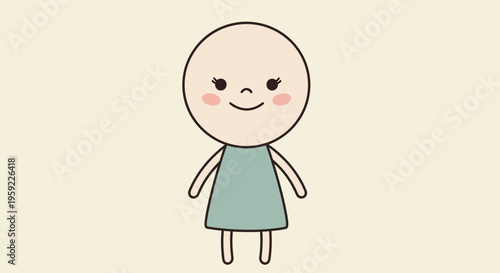 A cute cartoon girl with a big smile and rosy cheeks in a green dress