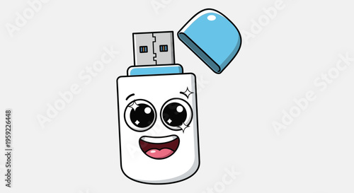 A cartoon USB flash drive with a smiling face and a removable cap
