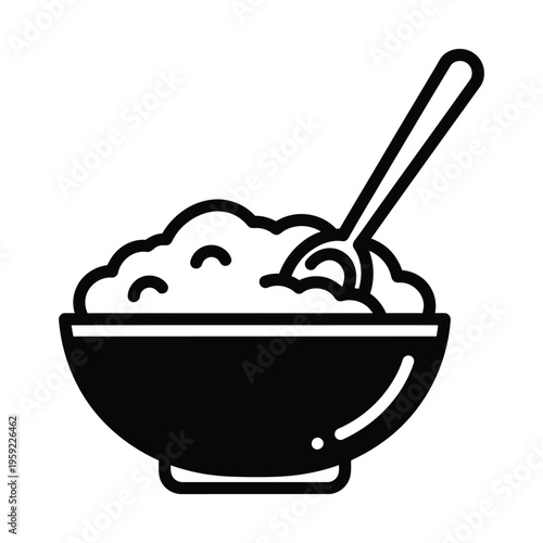 Black and white illustration of a bowl filled with a textured food substance, with a spoon resting inside, ready to eat.