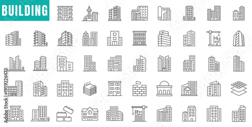 Set of modern building line icons. city architecture, skyscrapers, construction and urban infrastructure outline vector icon pack for web and app design
