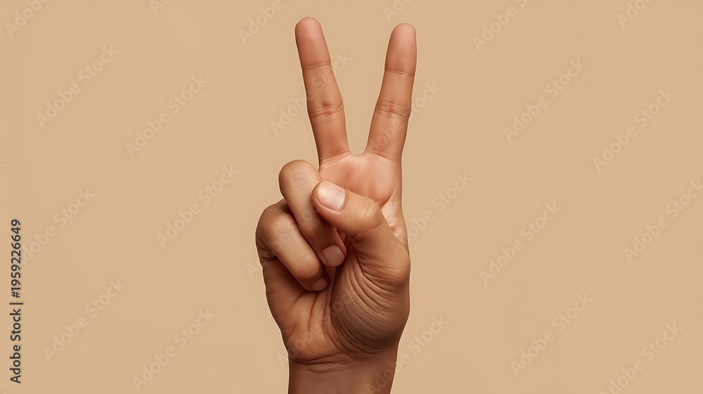 Naklejka premium Human hand showing peace or victory sign gesture on beige background