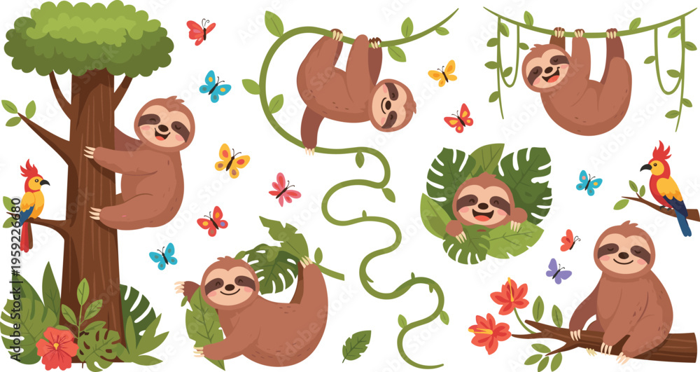 Fototapeta premium Playful Sloth Vector Set with Hanging, Climbing, and Nature Scenes Featuring Birds, Butterflies, and Tropical Plants