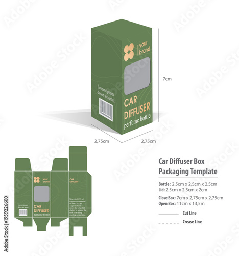 Car Diffuser Box Packaging Template, Green Automotive Air Freshener Box Design, Vector Car Fragrance Packaging