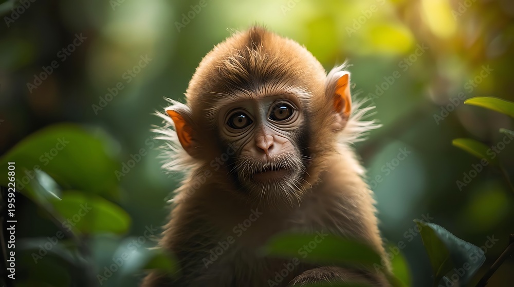 Fototapeta premium Portrait of a young macaque monkey with thoughtful expression in a lush tropical fores