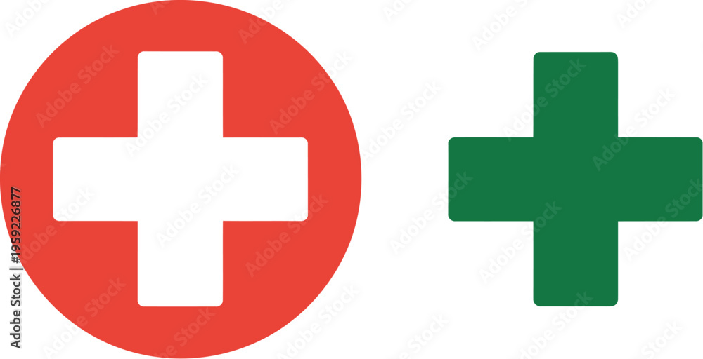Obraz premium Medical cross sign vector, red and green symbols representing healthcare first aid pharmacy and emergency medical services in clean graphic illustration.