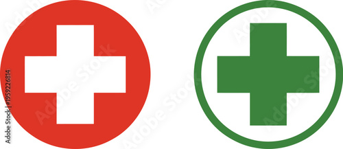 Medical cross sign vector illustration, bold red and green medical plus icons representing health, safety, and emergency service concepts for professional use.