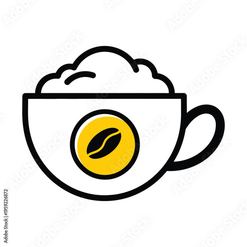 Stylized vector illustration of a white coffee cup with frothy foam and a yellow circle containing a black coffee bean icon.