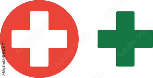 Medical cross sign vector, red and green symbols representing healthcare first aid pharmacy and emergency medical services in clean graphic illustration.