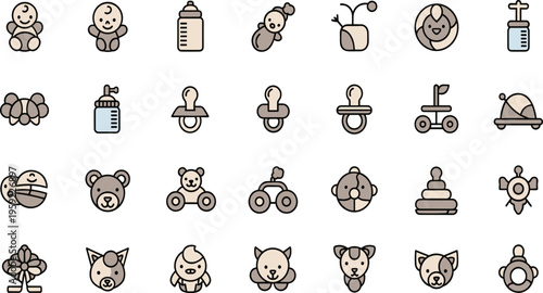 Baby Icons Vector Set with Infant Essentials, Toys Animals Pacifier Bottle and Cute Symbols Collection for Nursery Design, Kids Illustration and Childcare Graphics.