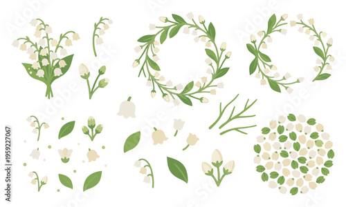 可憐な赤いスズラン（鈴蘭）と花びらのイラストセット。おしゃれなフレームパーツの詰め合わせ