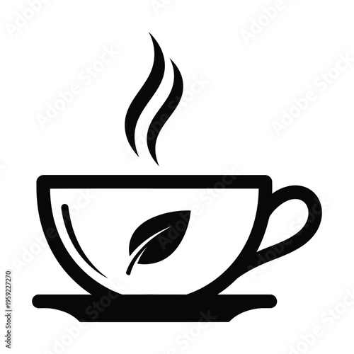 A simple black and white vector illustration of a steaming teacup with a leaf design on a saucer, symbolizing hot tea or herbal beverage.