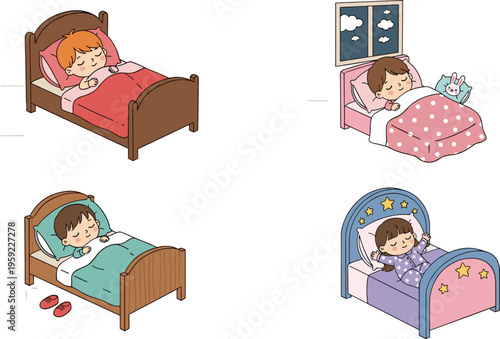 Cute Sleeping Children in Cozy Beds Vector Set with Comforters, Pillows, and Sweet Dream Themes for Nursery, Kids, and Bedroom Decor Designs