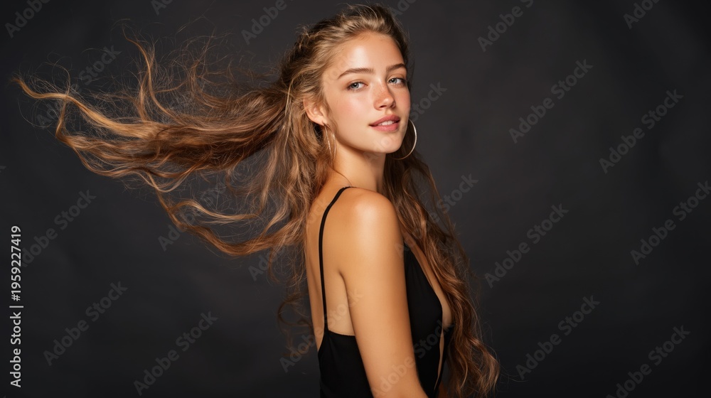 Naklejka premium Caucasian female young adult portrait with flowing blonde hair hoop earrings black top dramatic studio lighting confident gaze graceful profile