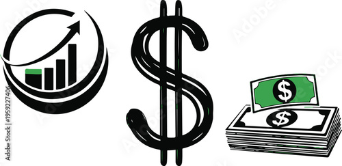 Financial icons, money symbols, dollar signs, business vector graphics