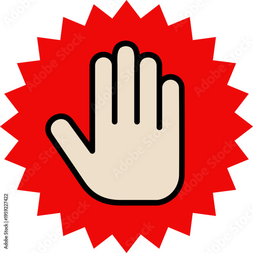 手のひらと赤いギザギザの丸のストップのサイン