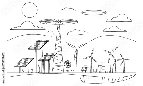 renewable energy sources with solar panels and wind turbines generating electricity  sustainable power systems