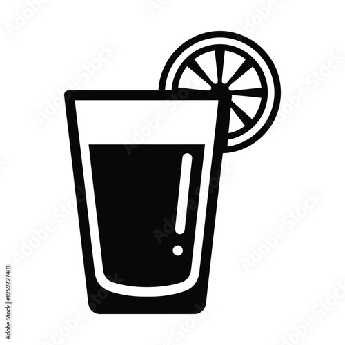 Simple black and white icon of a refreshing beverage in a glass with a citrus lemon slice on the rim, perfect for drink menus or app interfaces.