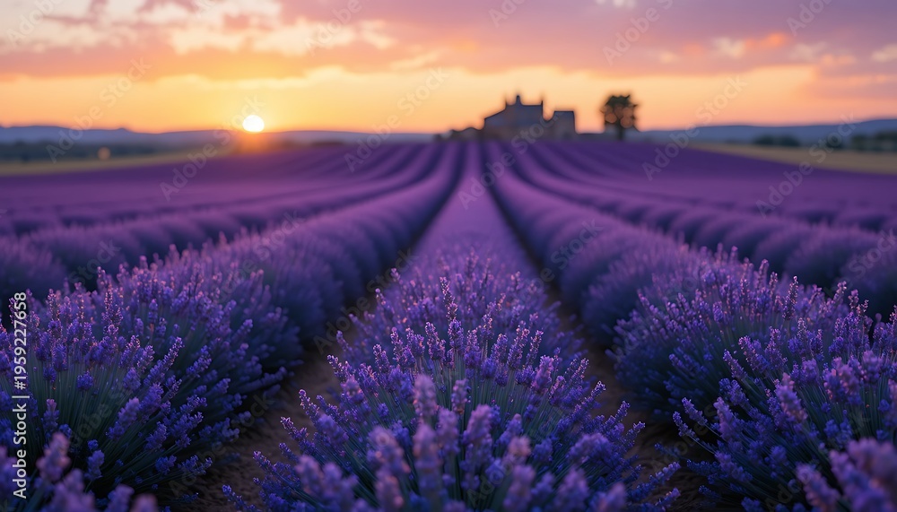 Obraz premium Lush Lavender Rows Blooming under Sunset Horizon