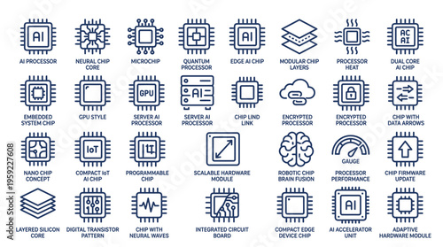 Collection of stylized icons representing various computer processors, neural networks, and artificial intelligence hardware components for technology and digital innovation concepts