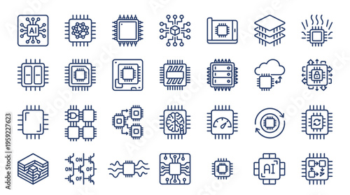 Set of pixel art icons representing artificial intelligence technology and computer chips, a digital concept