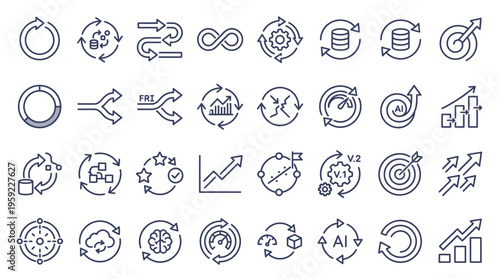 Modern line icon set illustrating continuous integration, agile development, data processes, growth cycles, and technological workflows. Perfect for business, tech, and productivity concepts