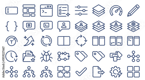 Essential collection of sleek line icons designed for digital development, programming, and web applications, perfect for enhancing user interface designs and technical documentation