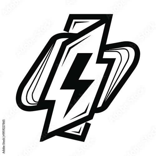 Stylized black and white lightning bolt graphic icon with dynamic lines, representing power, speed, and energy.