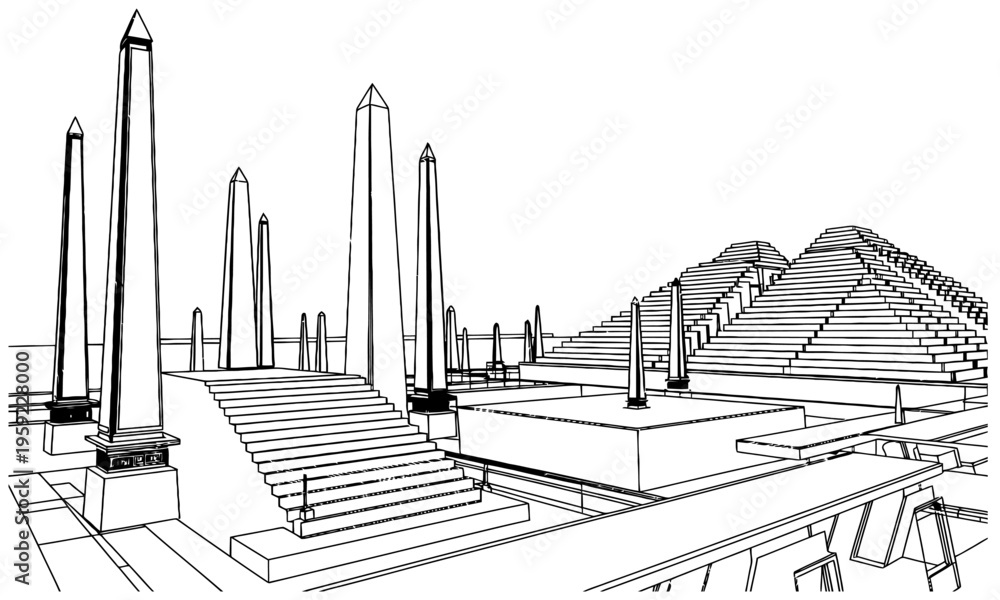 Fototapeta premium Ancient Egyptian temple with obelisks and stone steps and a pyramid