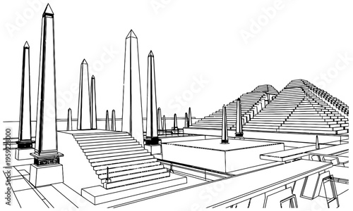 Ancient Egyptian temple with obelisks and stone steps and a pyramid