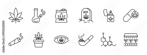 Cannabis marijuana product set icon. Leaf bong bag grave lighter pill cigar plant eye pipe molecule greenhouse depict herb smoke cultivation substance.