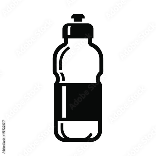 Simple black and white icon of a sports water bottle with a cap and a label area, representing hydration and fitness.