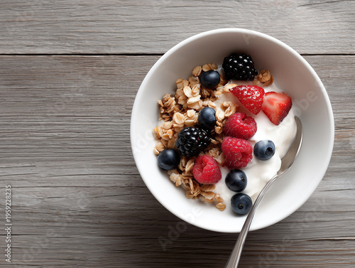 Bowl of yogurt topped with fresh berries and granola on wooden table 