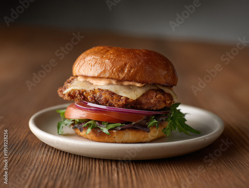 Delicious fried chicken sandwich with cheese, tomatoes, and onions served on a wooden table