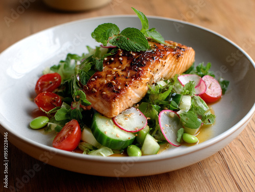 Fresh salmon dish with vegetables served in a bowl on a wooden table showing colorful ingredients