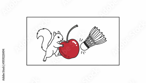 Cute Squirrel Plays Badminton with a Cherry