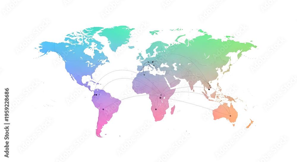 Fototapeta premium Colorful gradient world map with global network connections and dotted lines