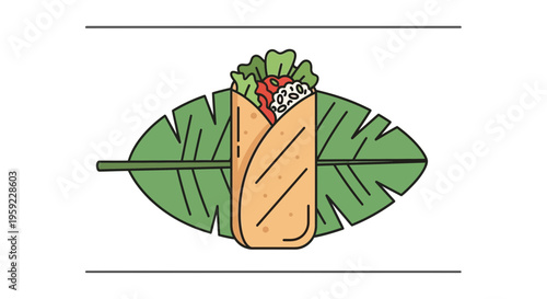 Delicious burrito wrapped in a banana leaf, healthy mexican food concept, flat design illustration