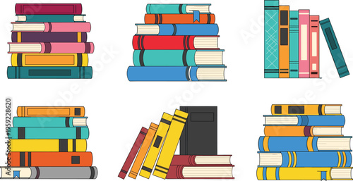 Colorful Stacked Books Vector Set for Library, Education, and Learning Materials with Various Book Covers and Spines