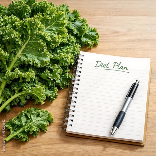 Kale leaves with diet notebook for healthy meal planning and weight loss concept, lifestyle scene”