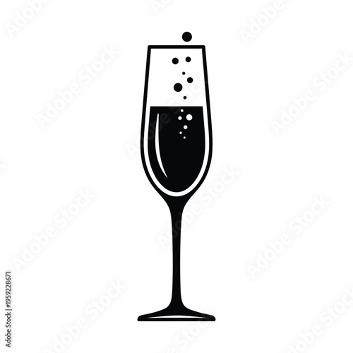 A simple black and white graphic illustration of a champagne flute filled with sparkling wine and rising bubbles, symbolizing celebration and elegance.