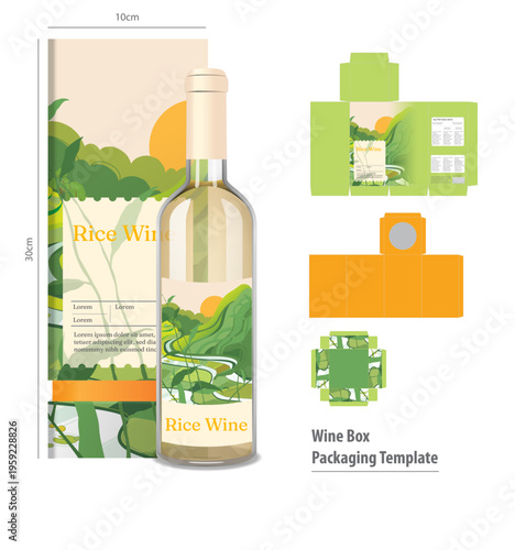 Wine bottle packaging template, rice wine box design, green label, vector packaging