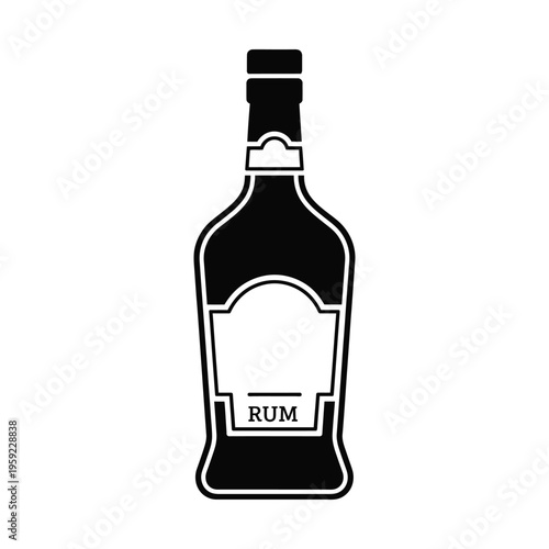 Black silhouette icon of a classic rum bottle with a blank label and the word 'RUM' at the bottom, isolated on white.
