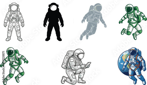 Space Explorer Astronaut Set with Diverse Poses, Space Suit Designs, and Earth Background for Space Exploration Illustrations, Space Travel Art