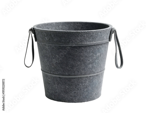 A grey felt cylindrical storage container with two handle loops