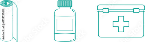 Medical Icons: First Aid Kit, Pill Bottle, and Bandage Roll