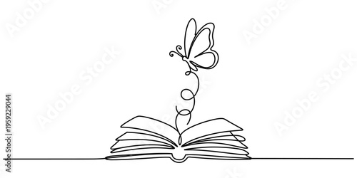Continuous line drawing of a butterfly flying out of an open book symbolizing imagination.