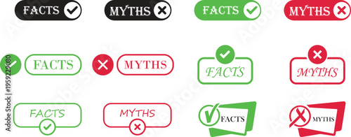 Fact myth icon set collection group with truth and false symbols check mark cross speech bubble information concept flat vector for web app infographic design isolated background.