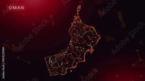 A dynamic motion video showcasing the Oman country border through a colorful plexus reveal. Glowing red and orange dots represent high-tech data communication and global digital networks.
