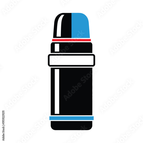 Stylized illustration of a black thermos bottle with a blue cap and base, accented by a red ring and a white band around the middle.